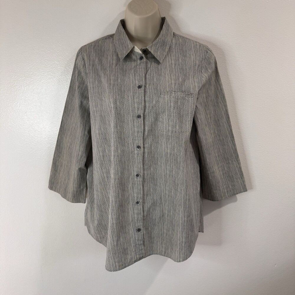 Lafayette 148 New York Blouse Shirt L Button Front Gray Micro Polka Dot Stretch